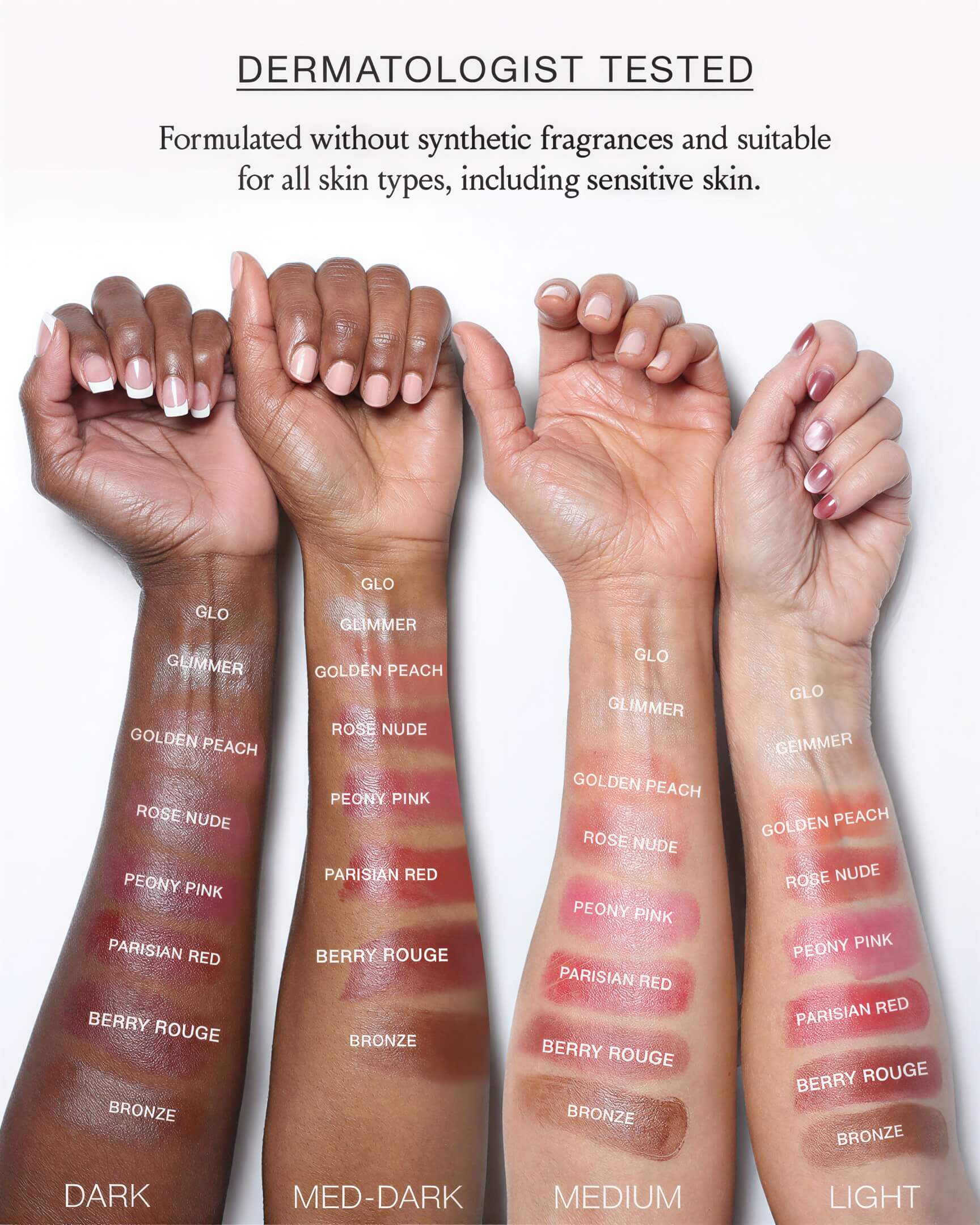 Four arms with different skin tones showing makeup swatches labeled GLO, ROSE NUDE, and BRONZE.