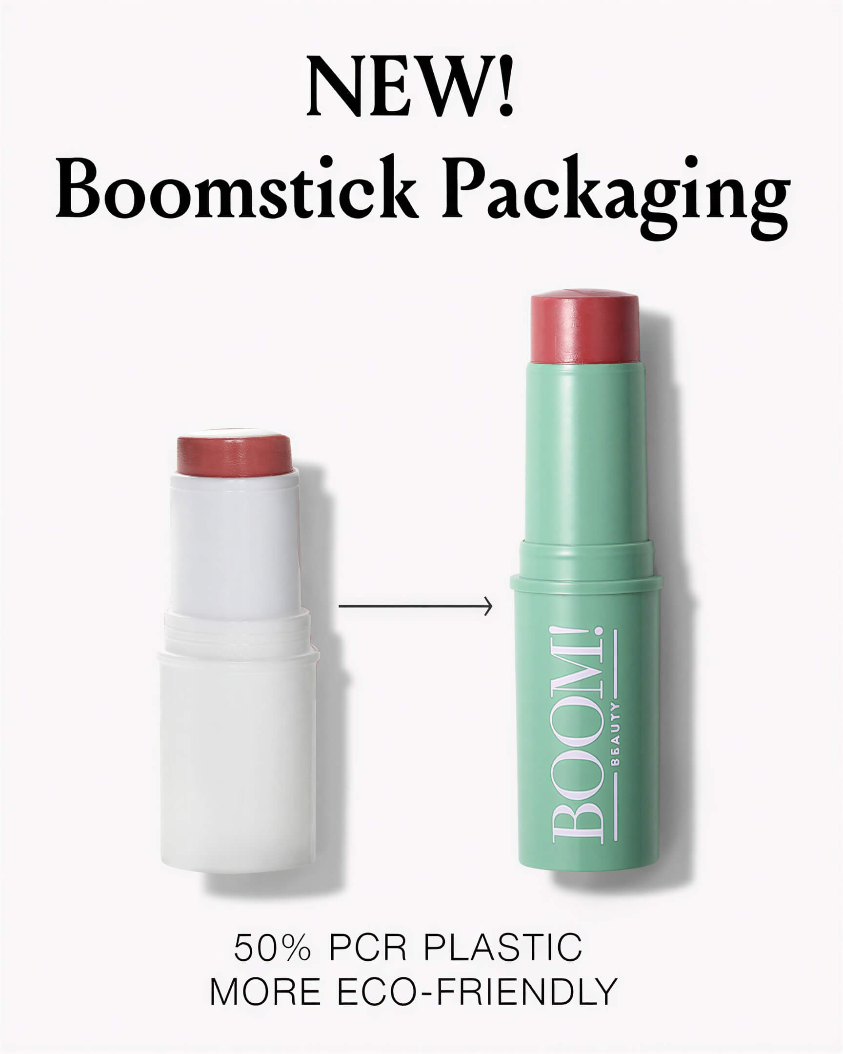 Two round plastic Boomstick Rose Nude tubes, one white and one mint green, with BOOM! BEAUTY printed on the green tube.