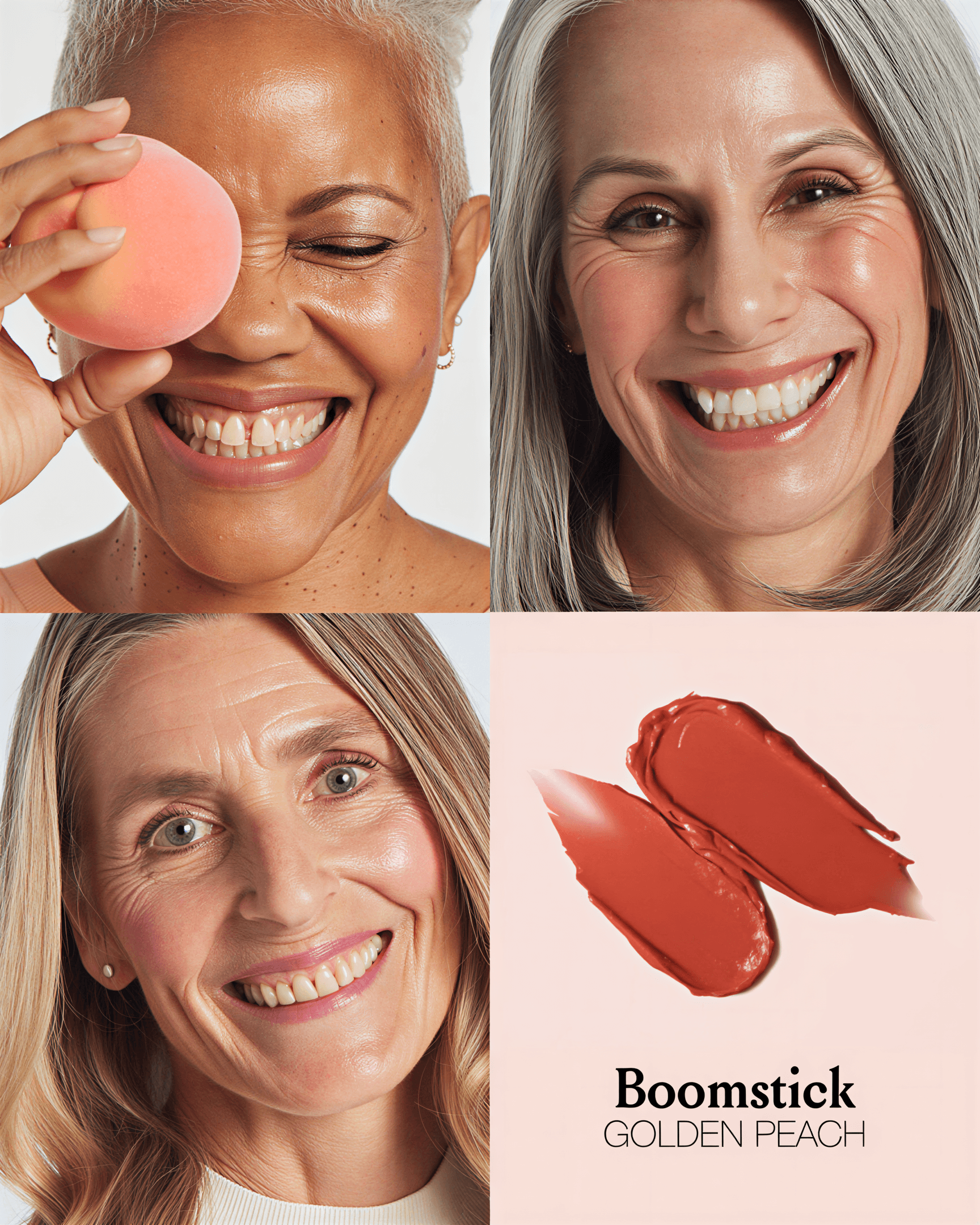 Three smiling women wearing peach makeup next to two cream swipes and the text Boomstick GOLDEN PEACH.