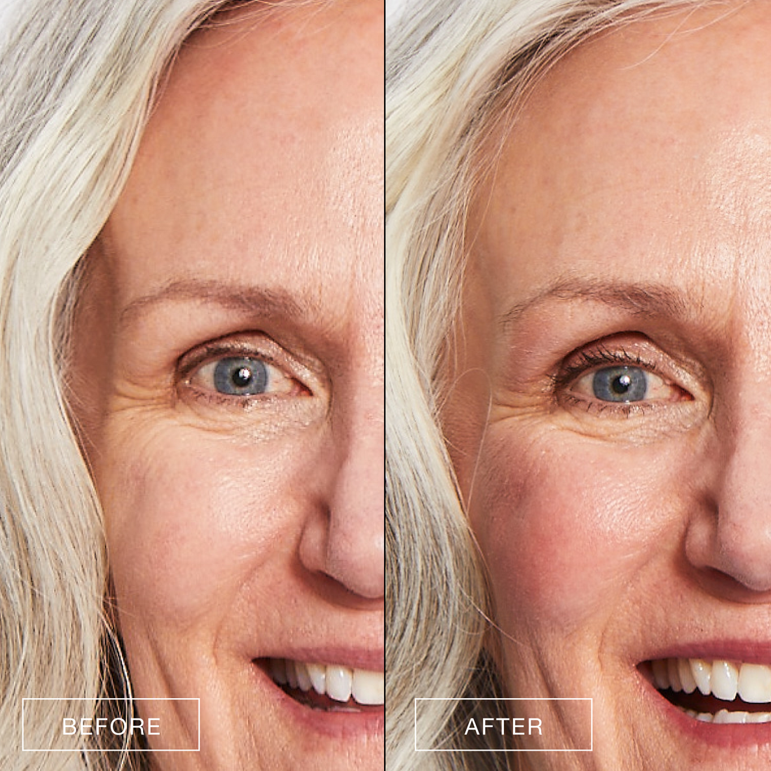 Boom Bold™ cosmetics showing a side-by-side comparison of a model&